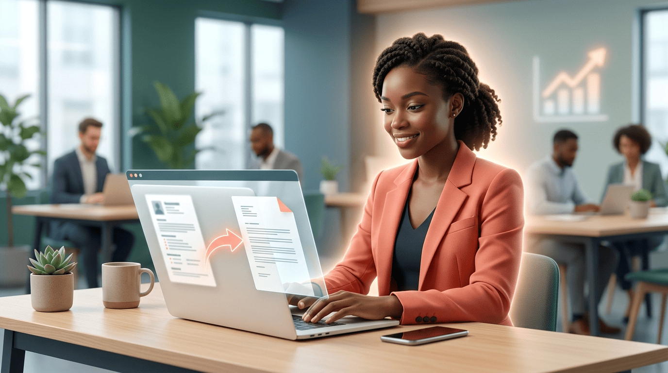 A professional at a laptop where an AI turns a resume into a tailored cover letter