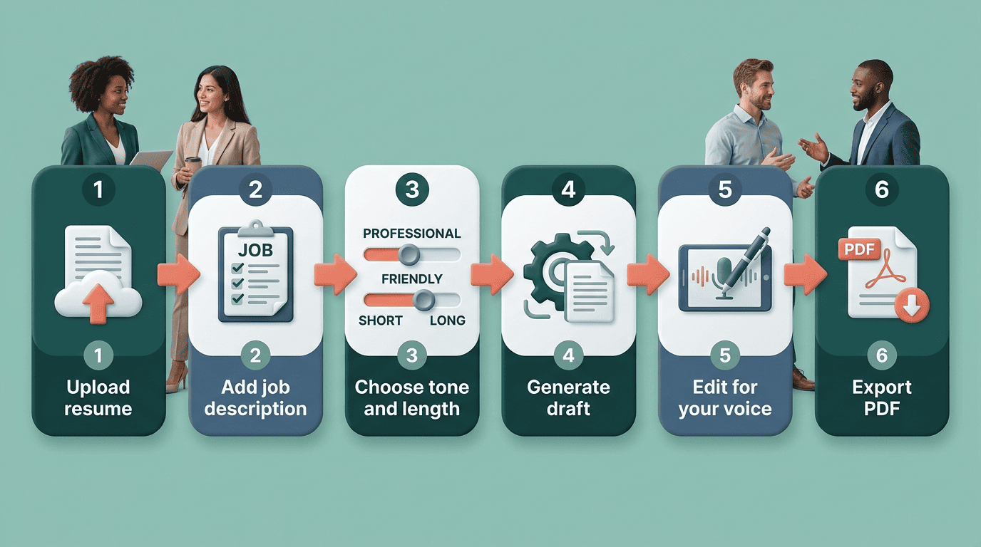 Six-step workflow: upload resume, add job description, choose tone and length, generate, edit, export PDF