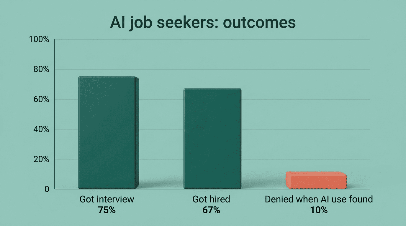 Bar chart: 75% of AI-using job seekers got an interview, 67% got hired, 10% denied when AI use was found