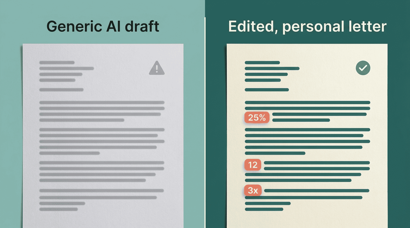 Side-by-side comparison of a generic AI draft versus an edited personal cover letter with specific numbers