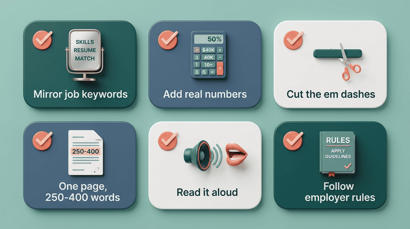 Checklist: mirror job keywords, add real numbers, cut em dashes, one page 250-400 words, read aloud, follow employer rules