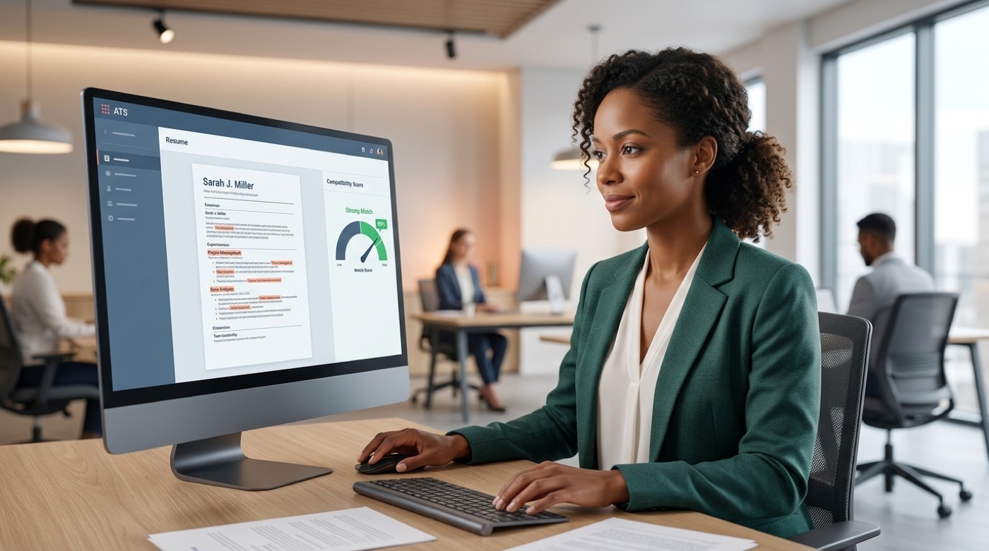 A resume being scored against an ATS with a compatibility gauge climbing into the green