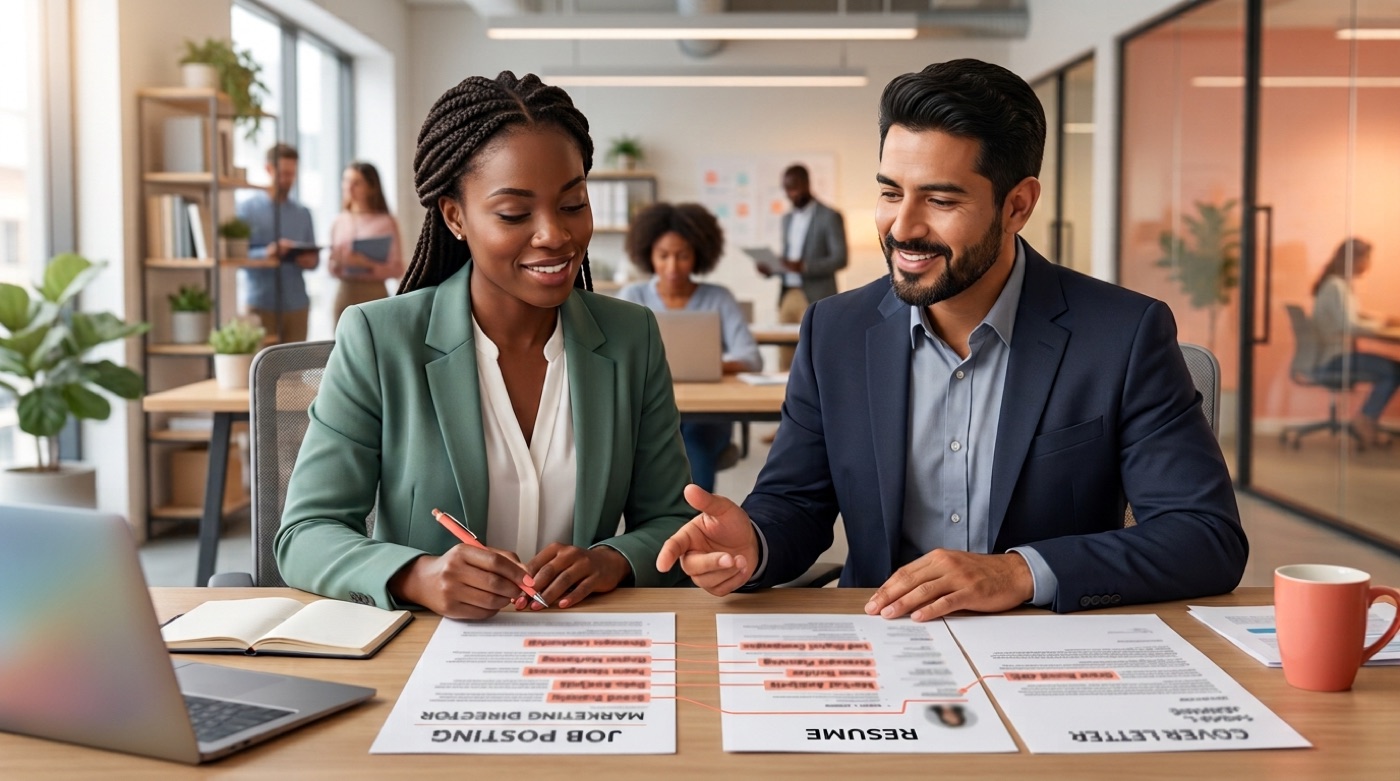 A cover letter tailored to a job posting, with matching skills and keywords highlighted