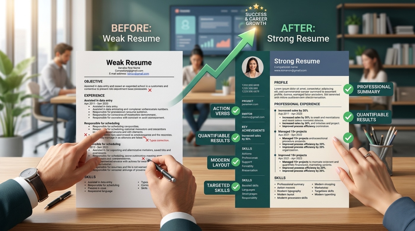 A before-and-after comparison of a weak resume versus a strong one, with green checkmarks on the improvements