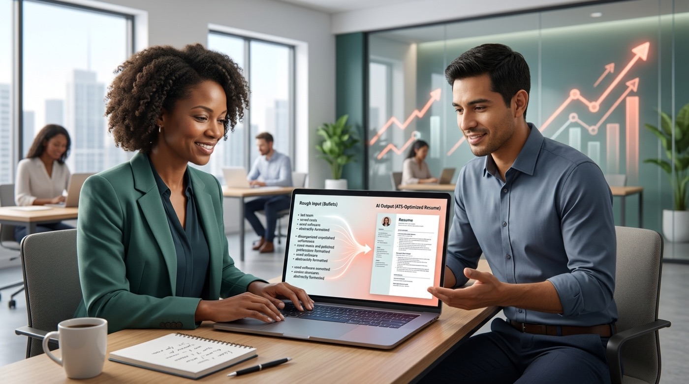 An AI resume assistant turning rough notes into a polished, ATS-ready resume with an upward career chart