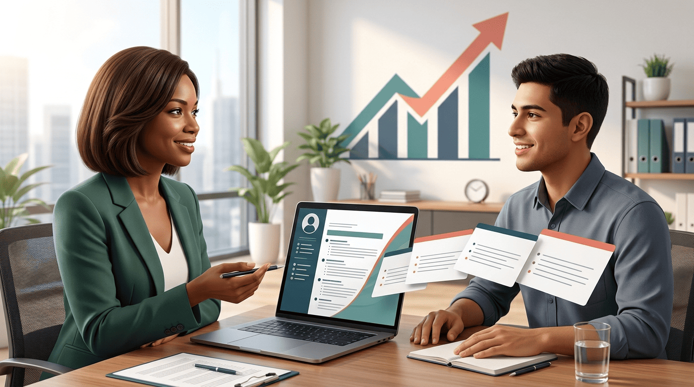 A career coach and a job seeker reviewing a resume on a laptop as tailored interview questions flow from it