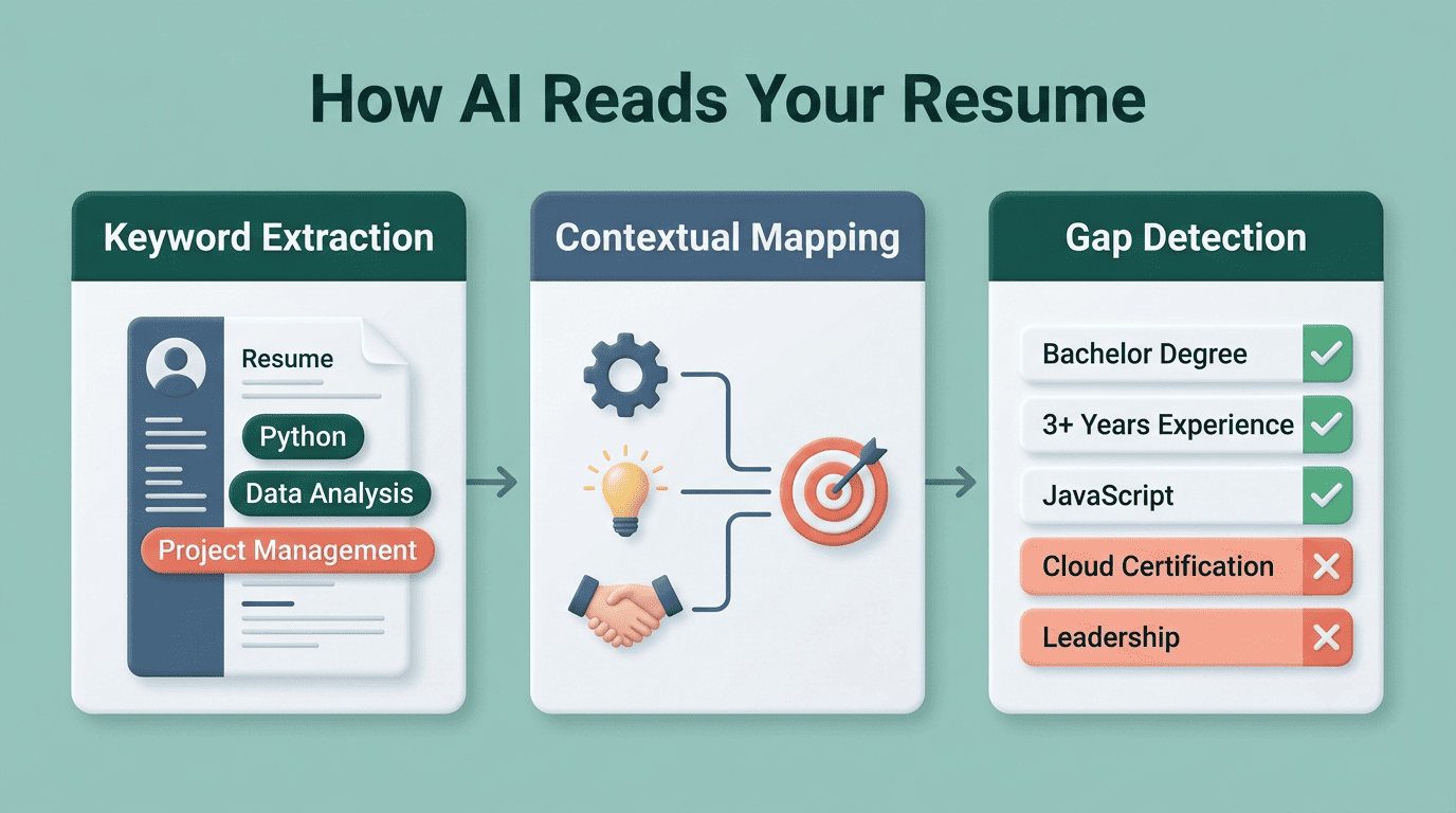 Three-stage diagram: keyword extraction, contextual mapping, and gap detection turning a resume into questions