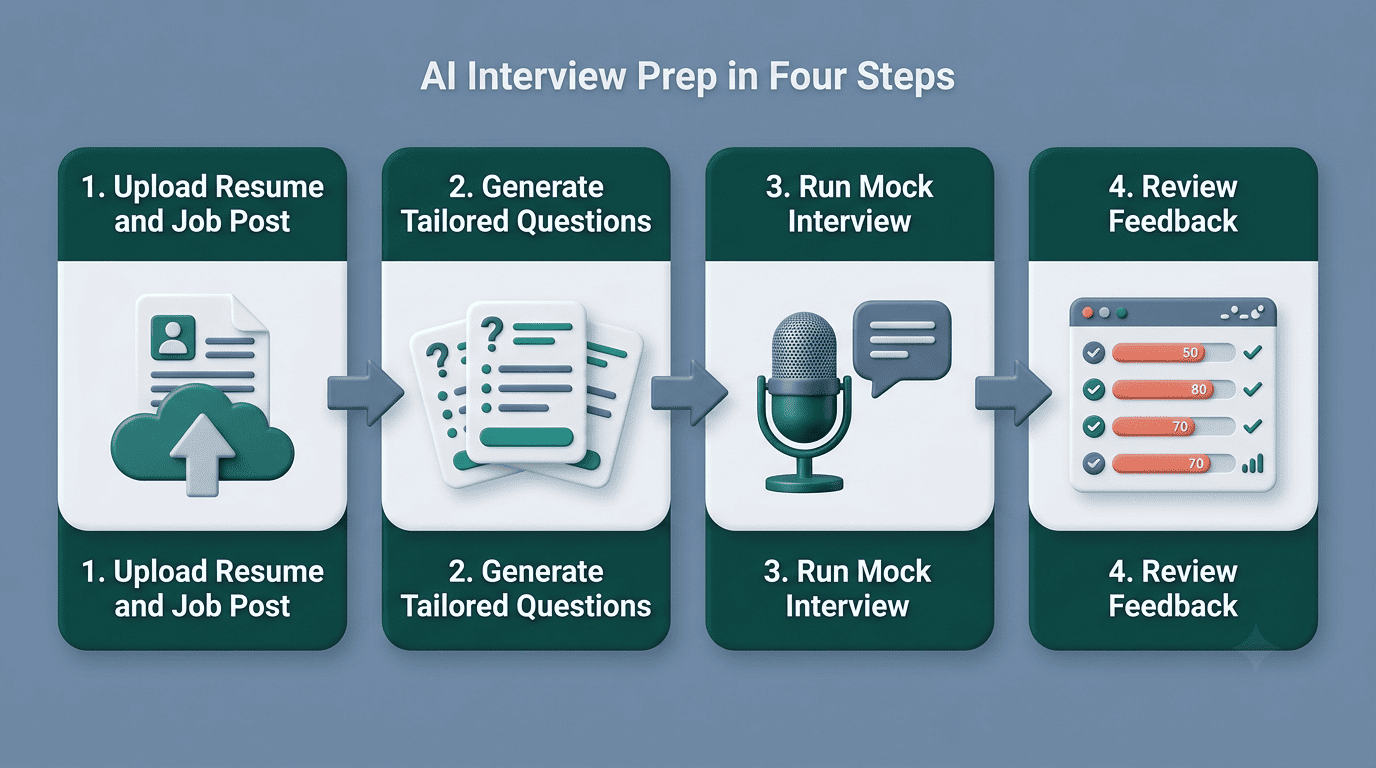 Four-step AI interview prep loop: upload resume and job post, generate questions, run mock interview, review feedback
