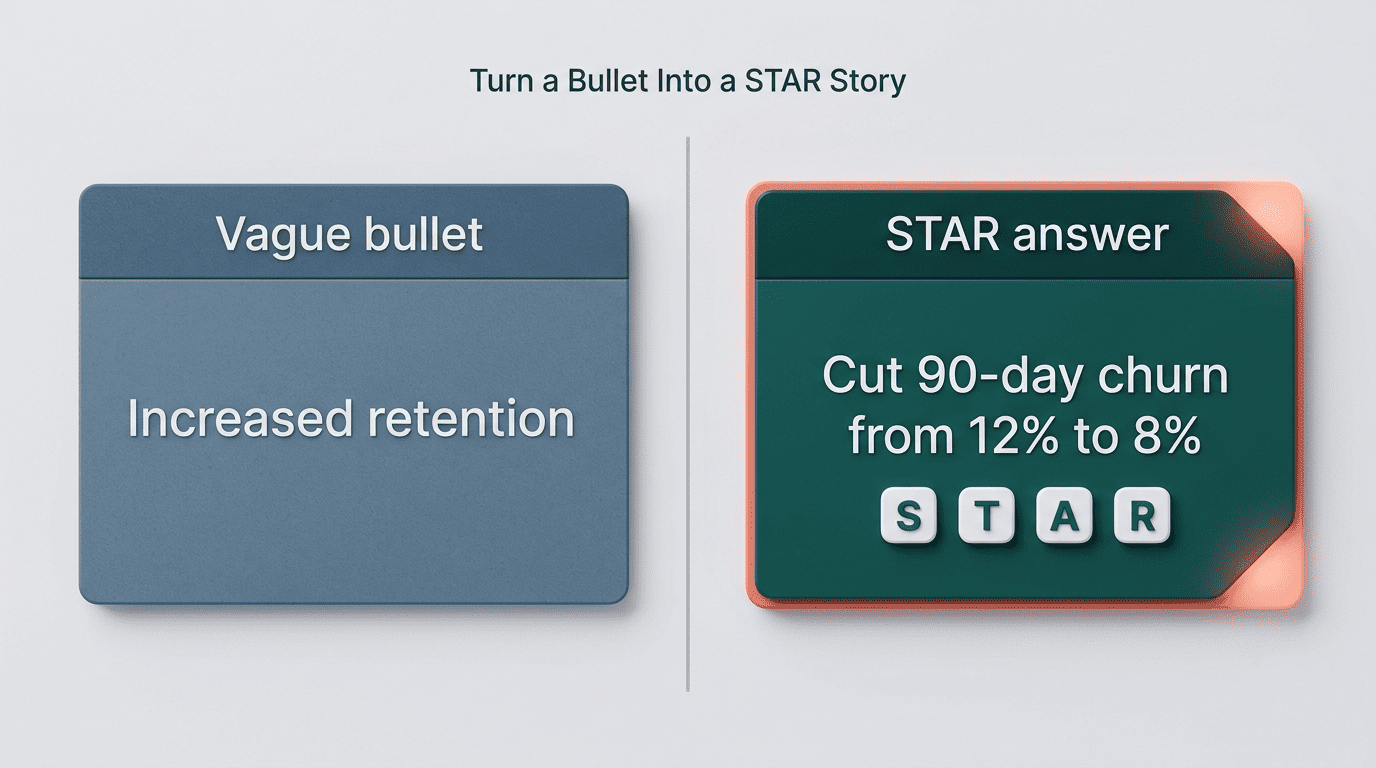 Before-and-after comparison of a vague resume bullet versus a measurable STAR-structured answer