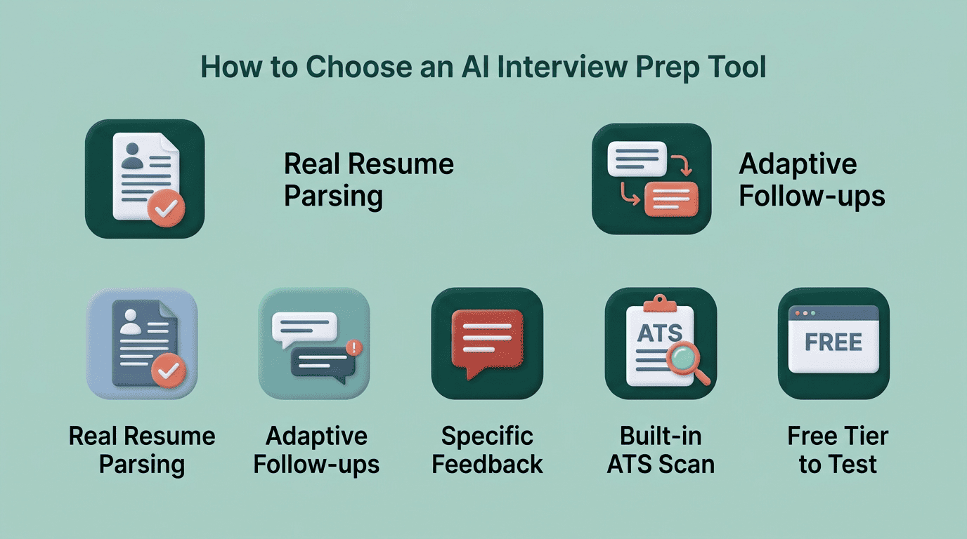 Checklist of five criteria for choosing an AI interview prep tool: resume parsing, adaptive follow-ups, specific feedback, ATS scan, free tier